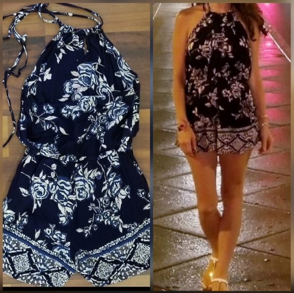 Angie Pants - Angie Blue white floral halter pocketed romper